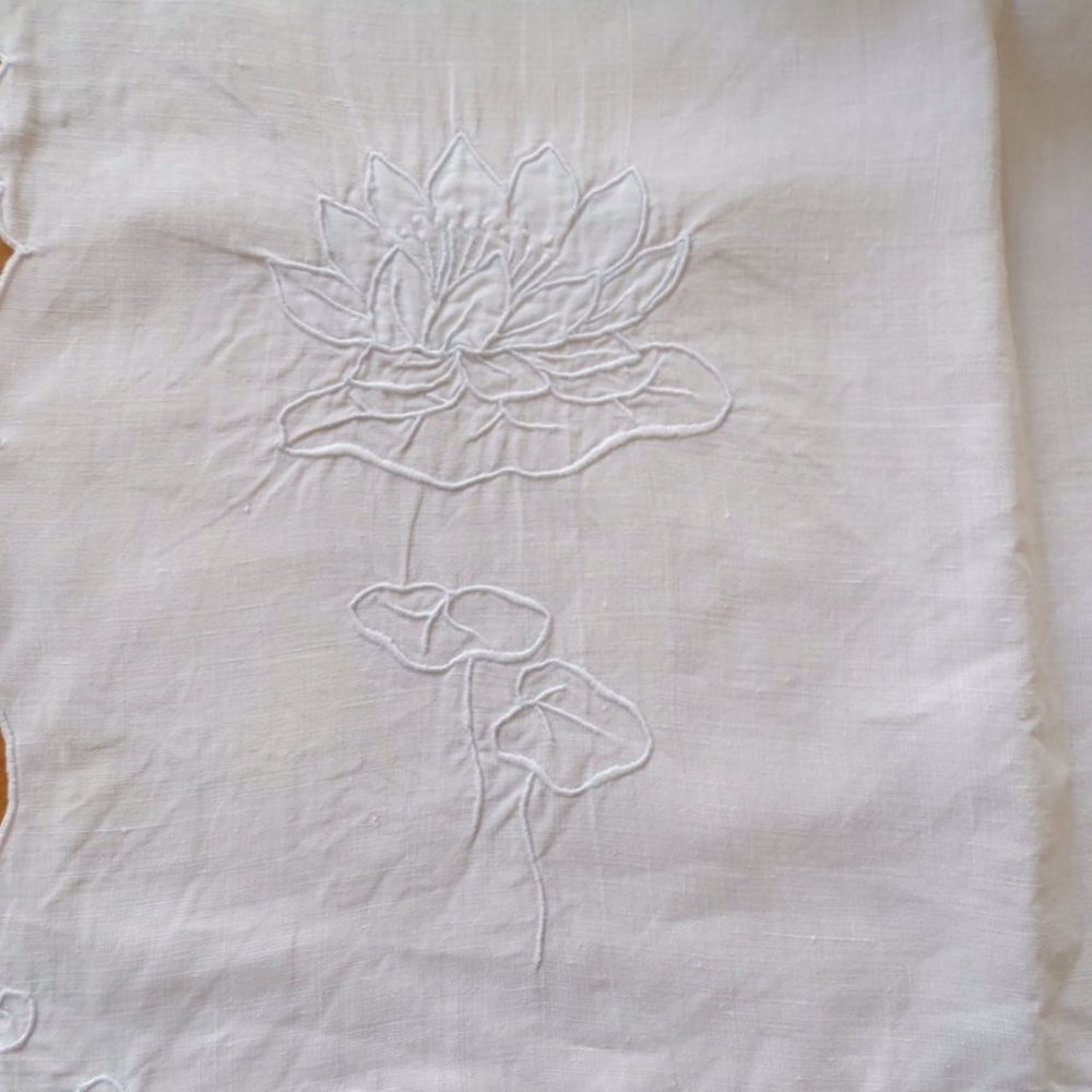 White Cotton Table Runner with Embroidered Blue Water Lilies 43" x 17"   3174